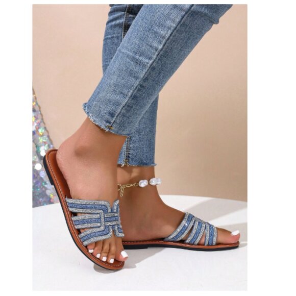 Women's Blue Beaded Slide Sandals - Open Toe Casual Flats - Size 6.5 - Picture 5 of 5